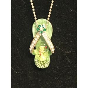 Vintage Hawaii Souvenir Green Flip Flop Pendant Necklace MC Stamp Rhinestone